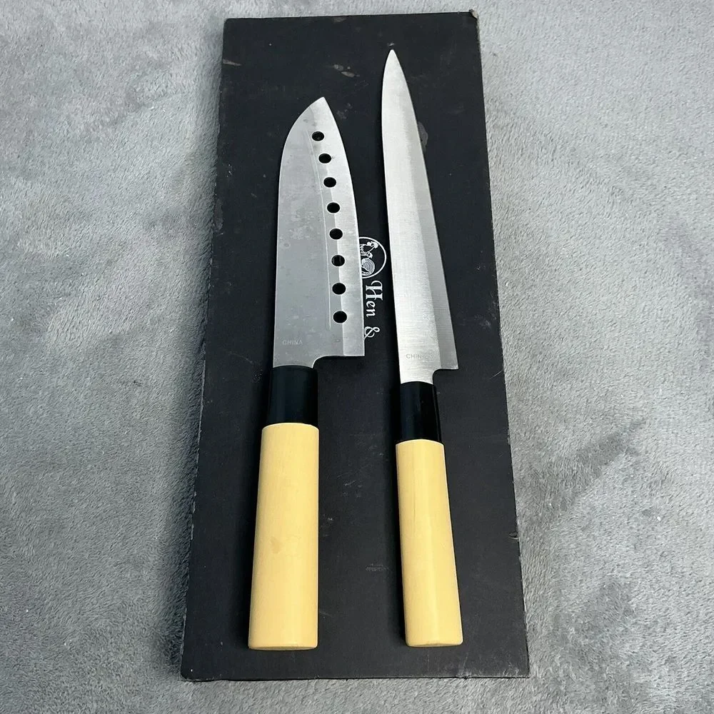Hen & Rooster Three Piece Kitchen Knife Set 2pc Tan Wood Stainless K100‎
